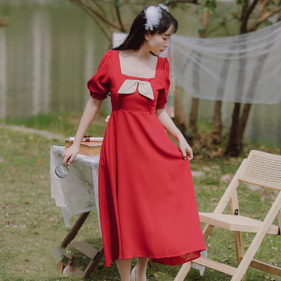 Vestido Retro Francés con Escote Cuadrado y Lazo - Image 10