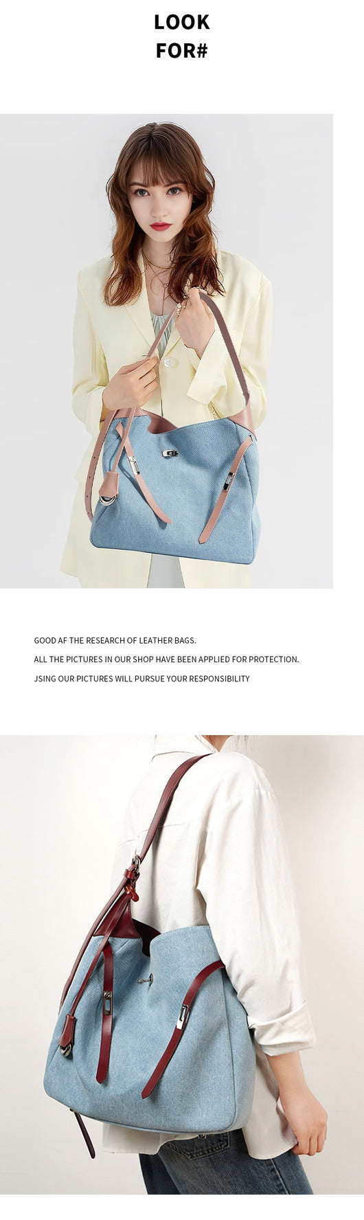Bolso Tote de Cuero Premium con Detalles Denim - Gran Capacidad - Image 12