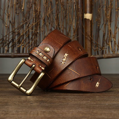 Cinturón Vaquero de Cuero Vintage Delavado con Hebilla de Pasador