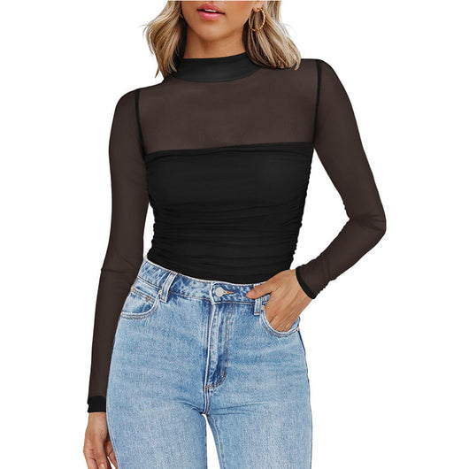 Top Sexy Cuello Malla con Detalles en Contraste - Image 13