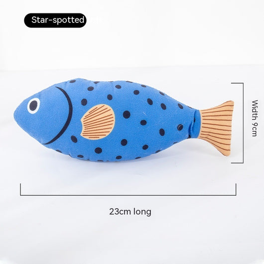 Blue star-spotted fish cat toy with orange fins and tail, 23cm long and 9cm wide, filled with catnip. - Image 7