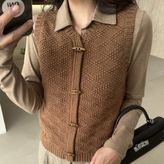 Chaleco Tejido de Cuadros Diamante con Botones de Cuerno para Mujer
