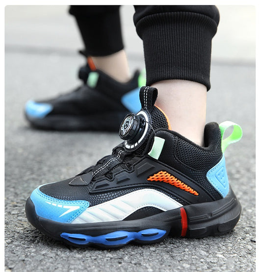 Black, white, and neon green children's basketball shoes with rotating buckle closure, featuring a mid-top design. - Image 13