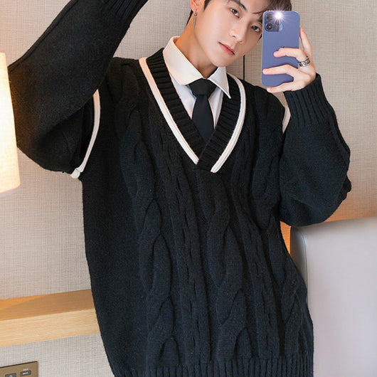 Suéter Hombre Cuello V Diseño Retorcido Ajuste Relajado - Image 11