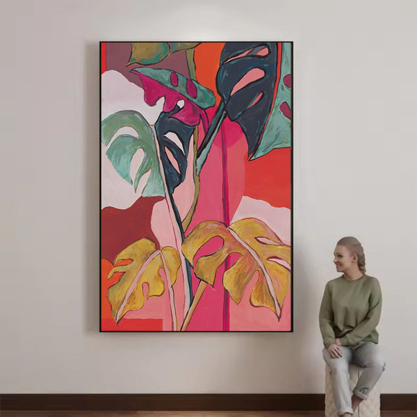 Cuadro Decorativo Pintura al Óleo Hojas de Plátano y Flores Moderno Retro