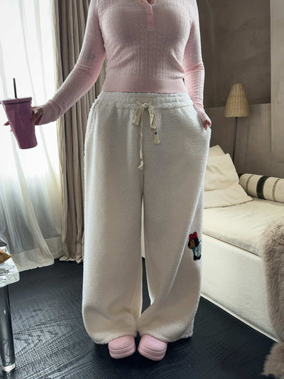 Pantalones Anchos de Lana Cordero con Bordado de Cachorro - Casual y Cómodo - Image 12