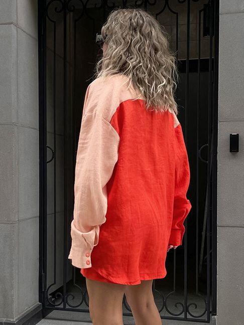 Conjunto de Blusa y Short Casual de Contraste en Manga Larga para Mujer - Image 3