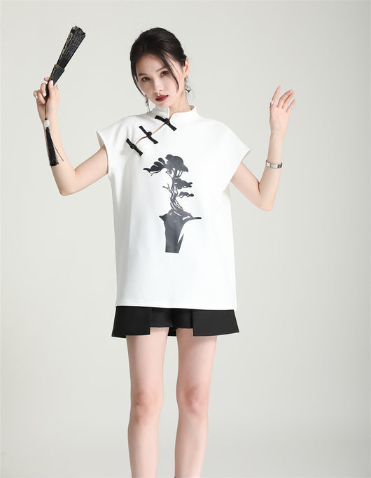 Blusa Cheongsam Moderna con Botones de Rana - Camiseta Estampada Manga Corta Verano - Image 7