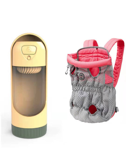 Navy blue mesh pet carrier backpack with leg holes and a light blue portable pet water bottle with a transparent reservoir. - Image 18