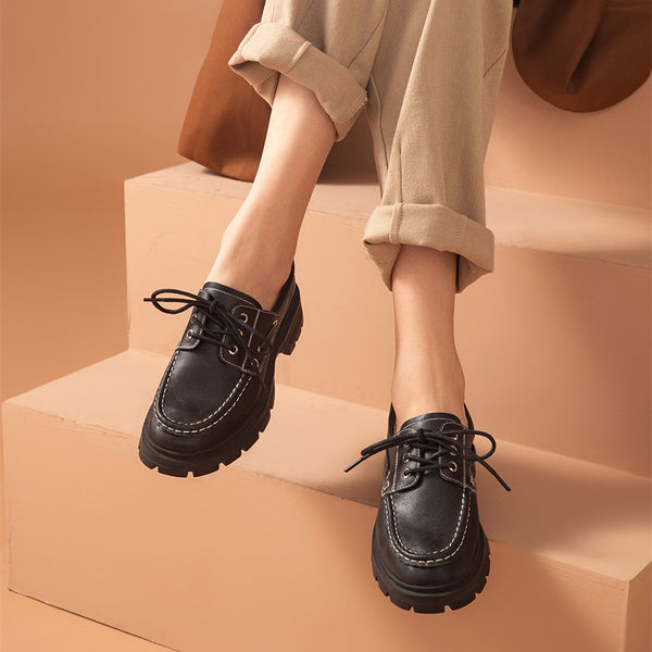 Baletas Plataforma de Cuero Suave Estilo Británico para Mujer
