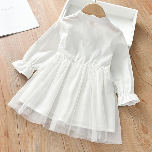 Vestido Princesa Coreano de Gasa Blanca con Mangas Largas para Bebé