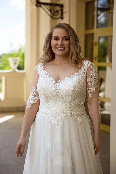 Vestido de Novia Talla Grande Escote V Encaje y Falda Voluminosa - Image 18