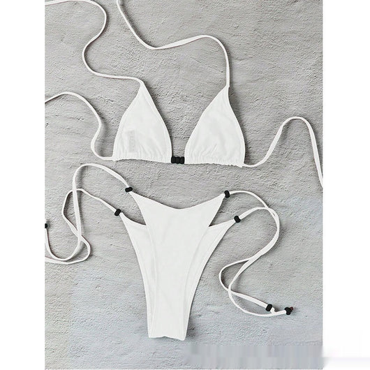 Simple women's brown separated swimwear with triangle top and thong bottom, featuring lace-up ties and light blue beads. - Image 17