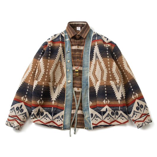 Abrigo de Lana Vintage con Patchwork de Denim para Hombre - Image 9