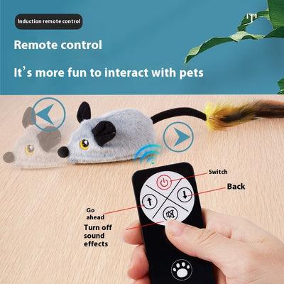 Yellow remote control electric plush mouse cat toy with a black remote and white USB charging cable. - Image 3