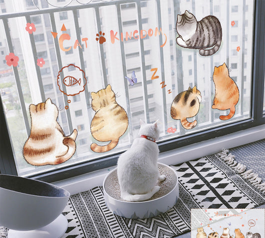 Cartoon cat wall sticker featuring multiple playful cats, one reaching for a fish, with "I LOVE FISH" text. - Image 43