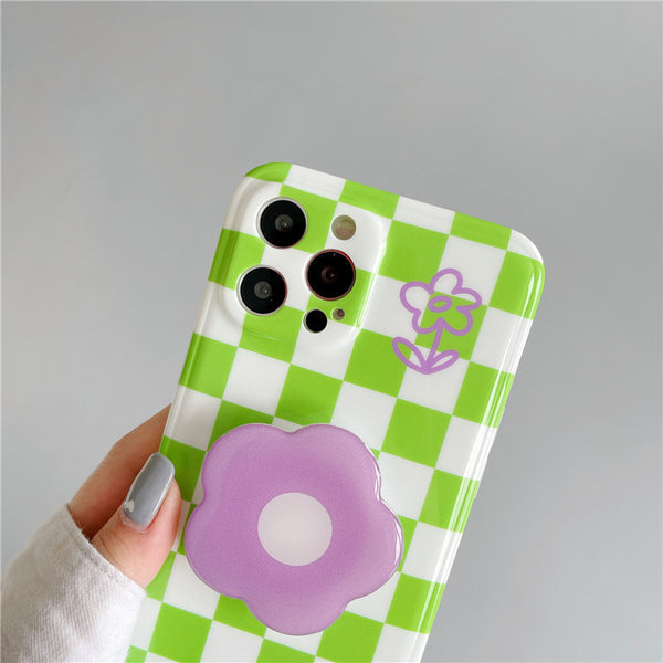 Funda para Teléfono Cuadros Verdes Verano con Flor Morada