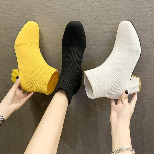 Botas Tejidas con Punta Cuadrada y Tacón Grueso