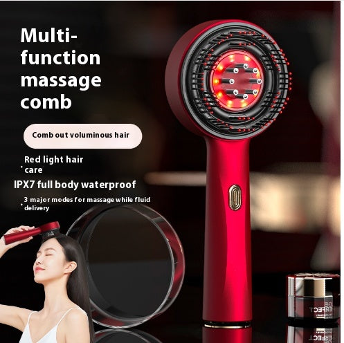 Black electric massage comb with red light therapy, black bristles, and a purple power button on a white background. - Image 2