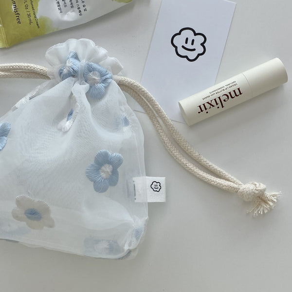 Bolsa de Almacenamiento Pequeña con Bordado Floral y Cordón Ajustable