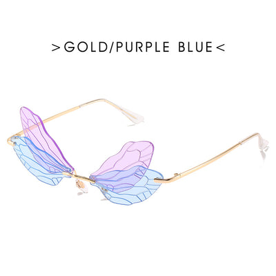 Dragonfly wing sunglasses with gold metal frames and unique brown tinted rimless lenses, suitable for adults. - Image 15