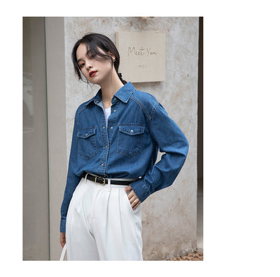 Camisa Denim Retro Azul - Prenda Versátil de Manga Larga - Image 9