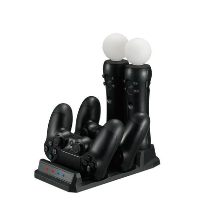 Black multifunctional charging dock for PS4 and PS Move controllers with USB cable and charging indicators.