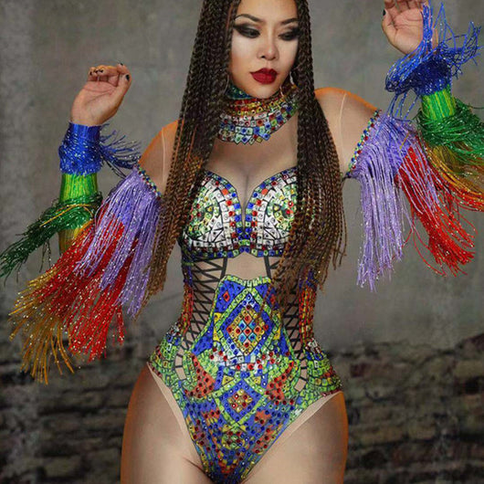 Jumpsuit con Strass y Borlas para Presentaciones en Discoteca