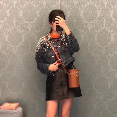 Chaqueta Denim Suelta con Cuentas y Diamantes de Manga Larga