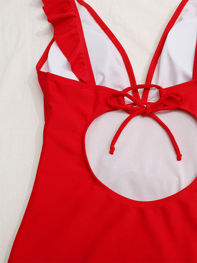 White one-piece swimsuit with a deep V-neck and ruffled shoulder straps, featuring a solid pure color design. - Image 14