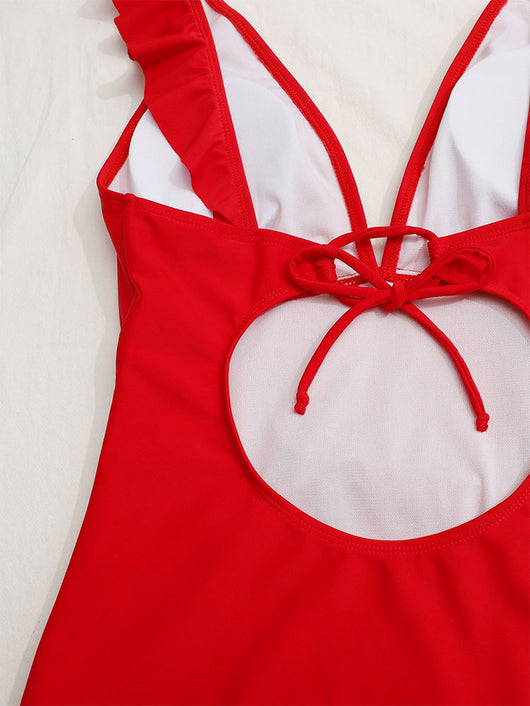 White one-piece swimsuit with a deep V-neck and ruffled shoulder straps, featuring a solid pure color design. - Image 14