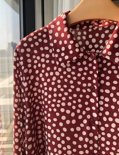 Camisa Vintage Burdeos con Lunares en Seda - Cuello Solapa Manga Larga - Image 9