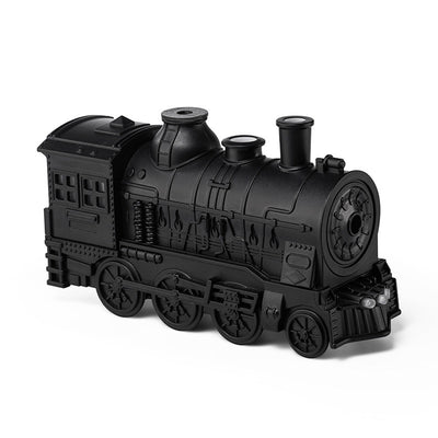 Black train-shaped essential oil diffuser and humidifier with retro design, emitting mist and glowing lights. - Image 6