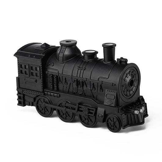 Black train-shaped essential oil diffuser and humidifier with retro design, emitting mist and glowing lights. - Image 6