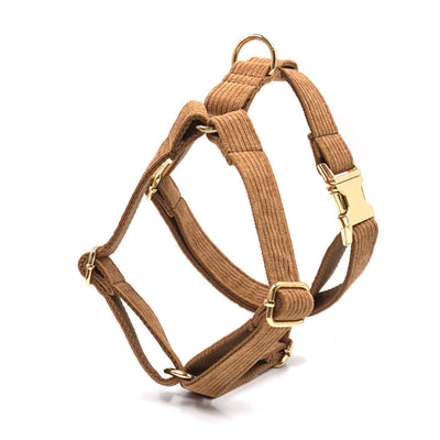 Brown corduroy pet harness with gold-colored metal quick-release buckle and D-rings, shown on a white background. - Image 18