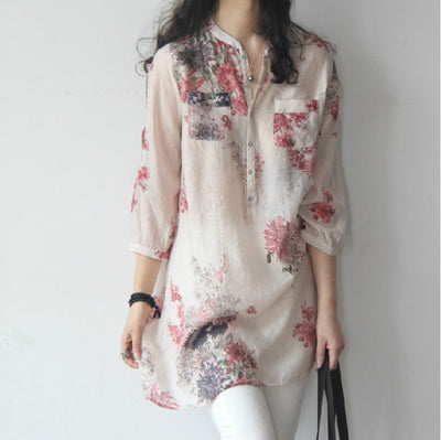 Blusa Larga de Lino y Algodón con Estampado Floral - Manga 7/8 Holgada Estilo Coreano - Image 2