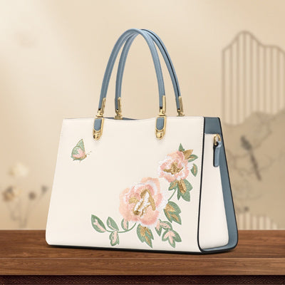 Bolso Diana de Cuero con Bordado de Peonía y Mariposa - Gran Capacidad