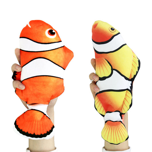 Realistic plush fish cat toy with yellow and brown scales, black fins, and a white USB charging cable. - Image 3