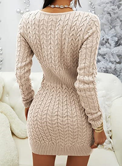 Suéter Vestido Ajustado Cuello V Mujer - Tejido Liso con Opción Cremallera - Image 26