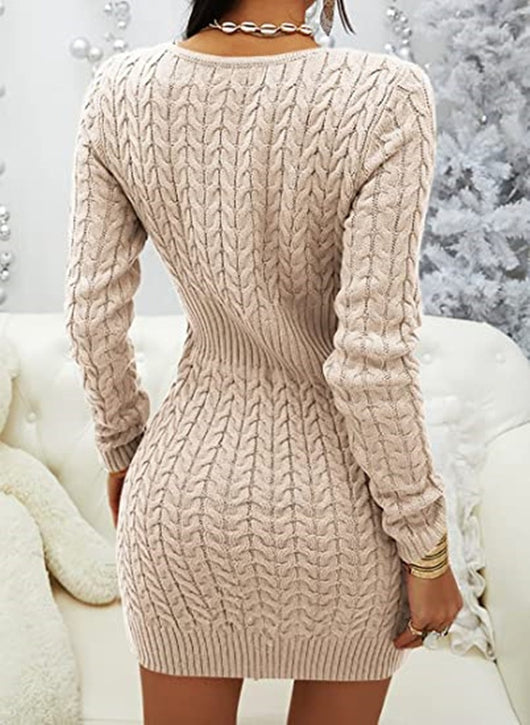 Suéter Vestido Ajustado Cuello V Mujer - Tejido Liso con Opción Cremallera - Image 26
