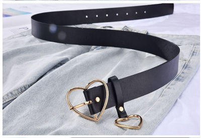 Black imitation leather belt with a silver heart-shaped pin buckle and a dangling heart charm. - Image 4