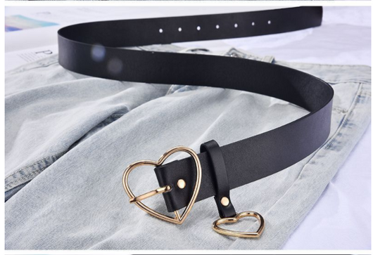 Black imitation leather belt with a silver heart-shaped pin buckle and a dangling heart charm. - Image 4