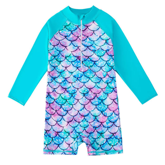 Children's long-sleeve swimsuit with a colorful floral print body and solid pink raglan sleeves, featuring a front zipper. - Image 7