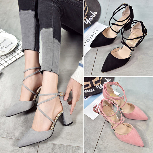Zapatos de Tacón Alto en Gamuza con Punta Afilada, Hebilla y Cordones