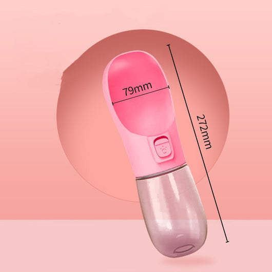 Pink portable pet water bottle with integrated feeder bowl, clear reservoir, and dispensing button for dogs. - Image 7