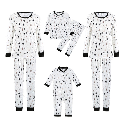 White long-sleeve pajama set with black and brown Christmas tree print, featuring black cuffs and collar. - Image 4