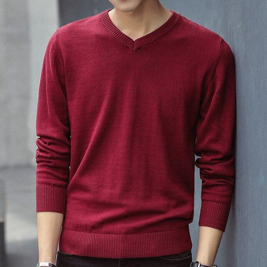Suéter de Punto Coreano Slim Fit Cuello V Color Sólido Algodón Premium