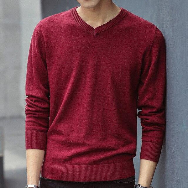 Suéter de Punto Coreano Slim Fit Cuello V Color Sólido Algodón Premium