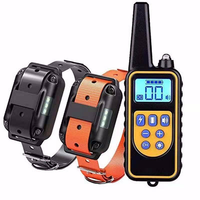 Three electric dog training collars in black, orange, and yellow with receivers, alongside a black and yellow remote control. - Image 45