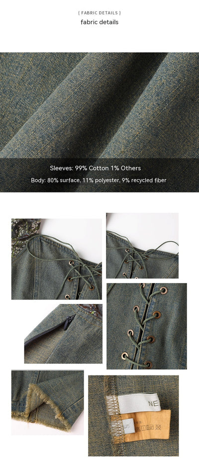 Camisa Denim Retro con Encaje y Cordones - Manga Larga Estilo Floral Francés - Image 9